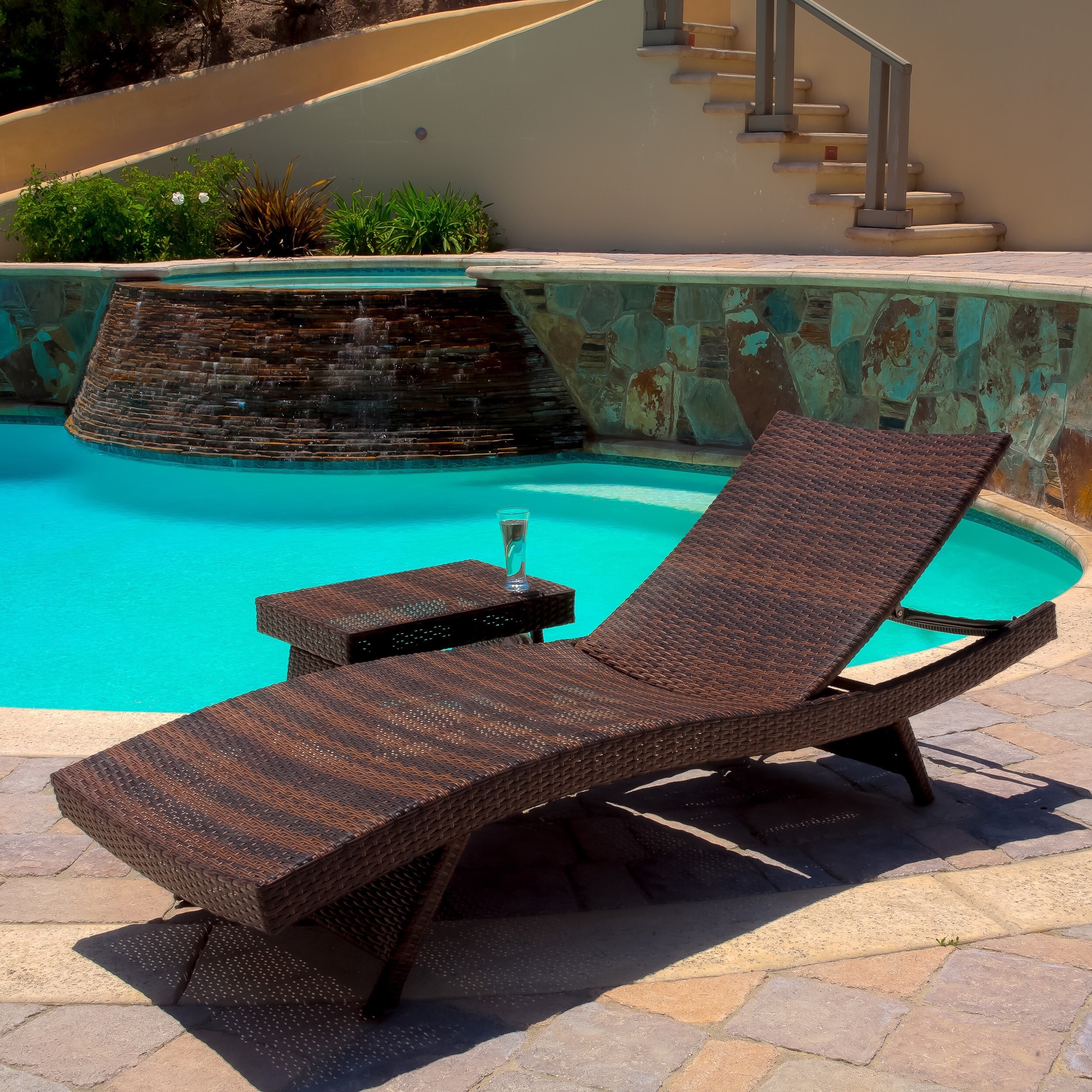 Best Selling 2 Outdoor Adjustable Lounges with Wicker Table