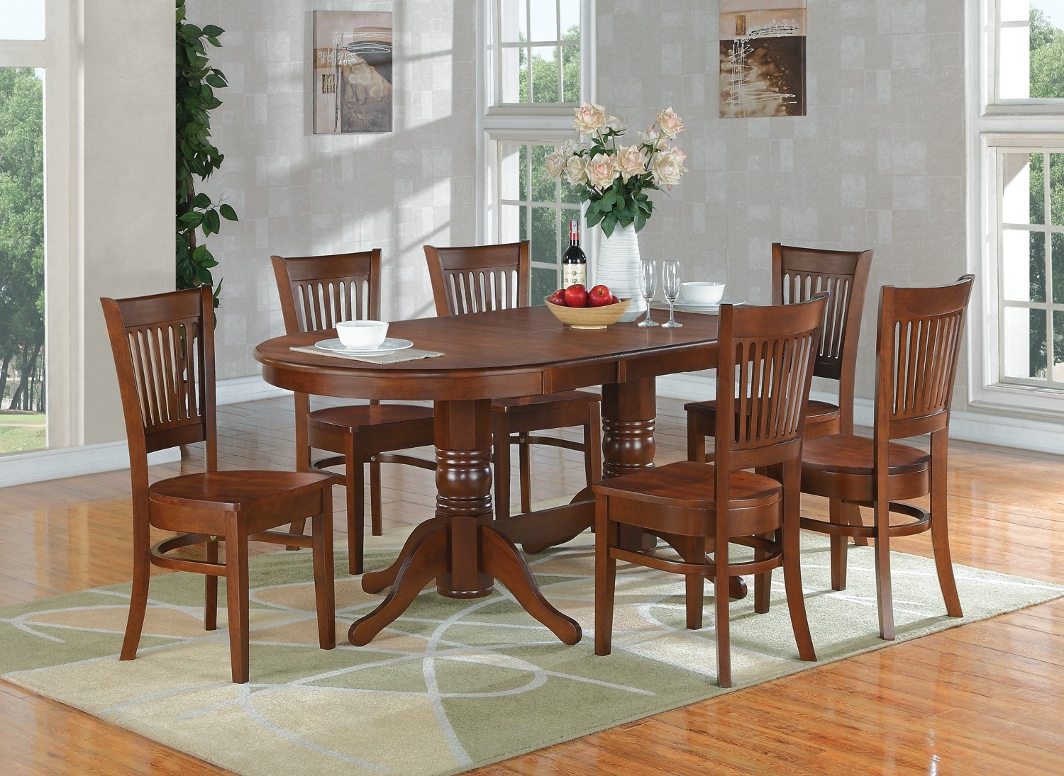 East West Furniture VANC7-ESP-W Vancouver 7PC set with double pedestal oval featured 17 in. butterfly leaf and 6 wood seat chairs