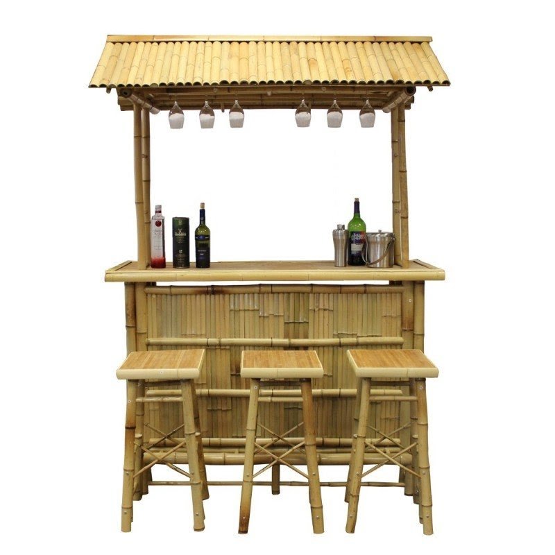 Essential Décor Entrada Collection Tiki Bar with 3 Stools, 63 by 23 by 89-Inch