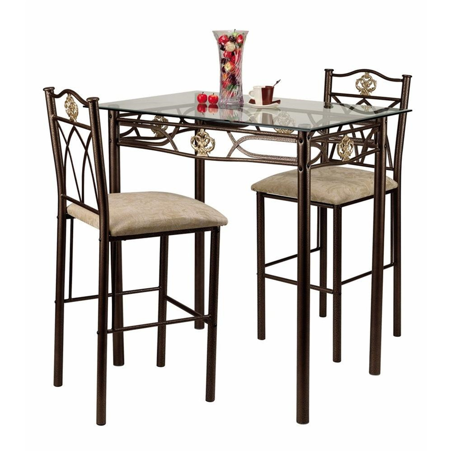 Home Source Industries Crown Bistro 3-Piece Dining Set with Glass Table Top and 2 Chairs