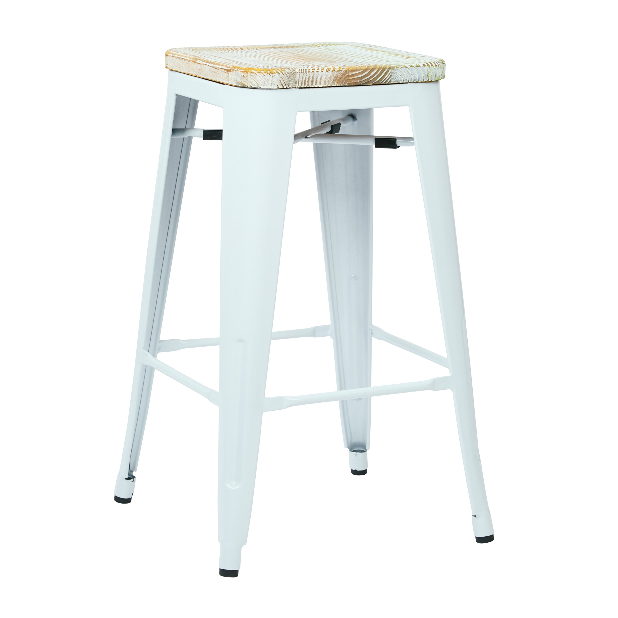 OSP Designs Bristow 26-Inch White Frame Antique Metal Barstool with Vintage Wood Seat, Ash Yellow Stone, 4-Pack