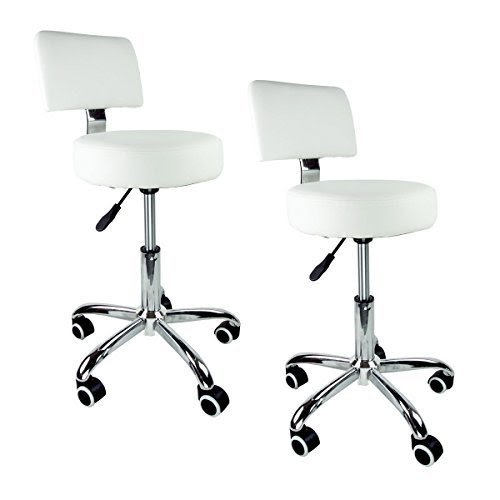 Pair of White Stainless Steel Adjustable Height Stool w 5 Rubber Caster Wheels