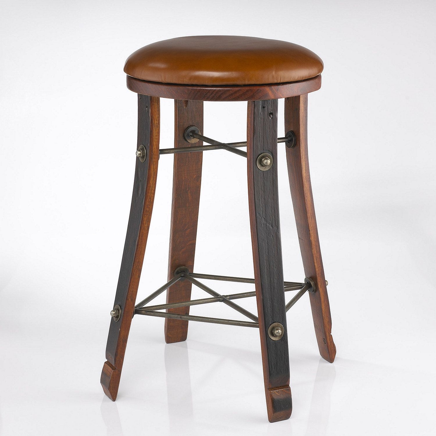 Vintage Oak Wine Barrel Round Bar Stool with Leather Seat