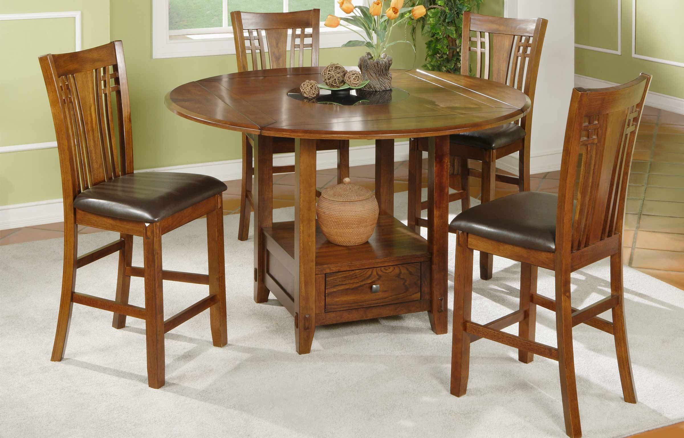 Winners Only Zahara 60 in. Round Dining Table with Granite Lazy Susan, Medium Oak, Wood