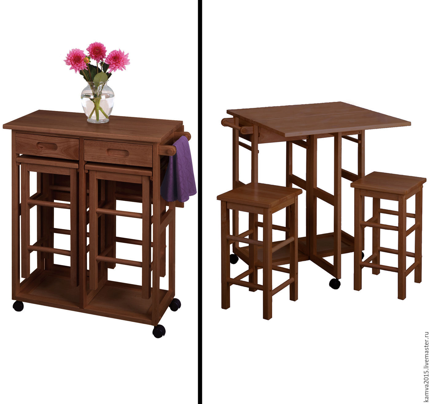 Winsome 3 Pc Dining Room Set Furniture for 2, Teak & Free Premium Stainless Steel Locking Tongs