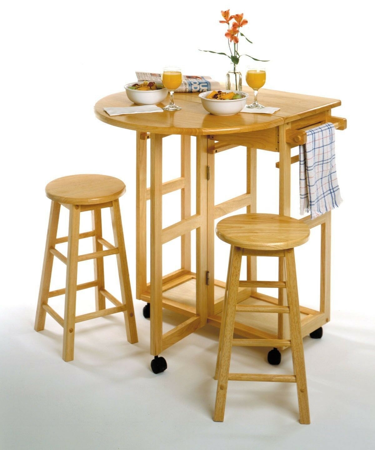 Winsome Space Saver Drop Leaf Table with 2 Round Stools