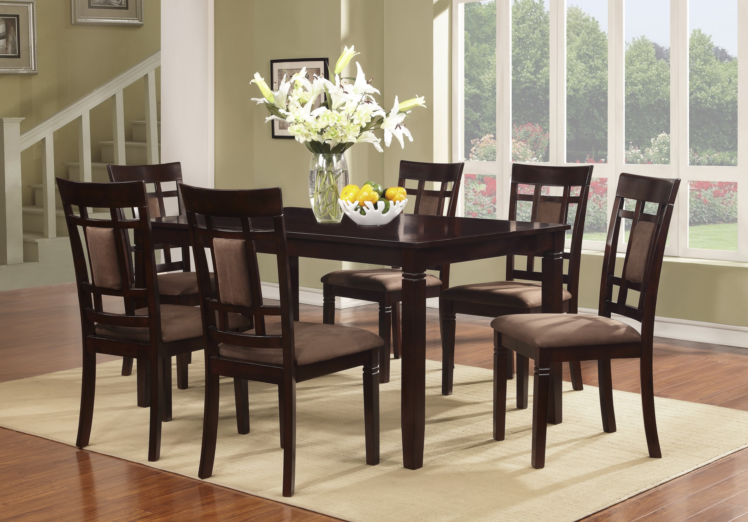 7 Pc Brand New Cherry Finish Solid Wood Dining Table Set, Table and 6 Chairs