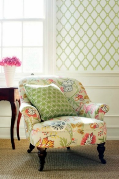 A delightful mix of patterns on the chair pillow and
