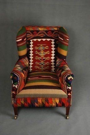 Antique Edwardian Wingback Hand Woven Wool Kilim Patchwork Armchair Chair Sofa