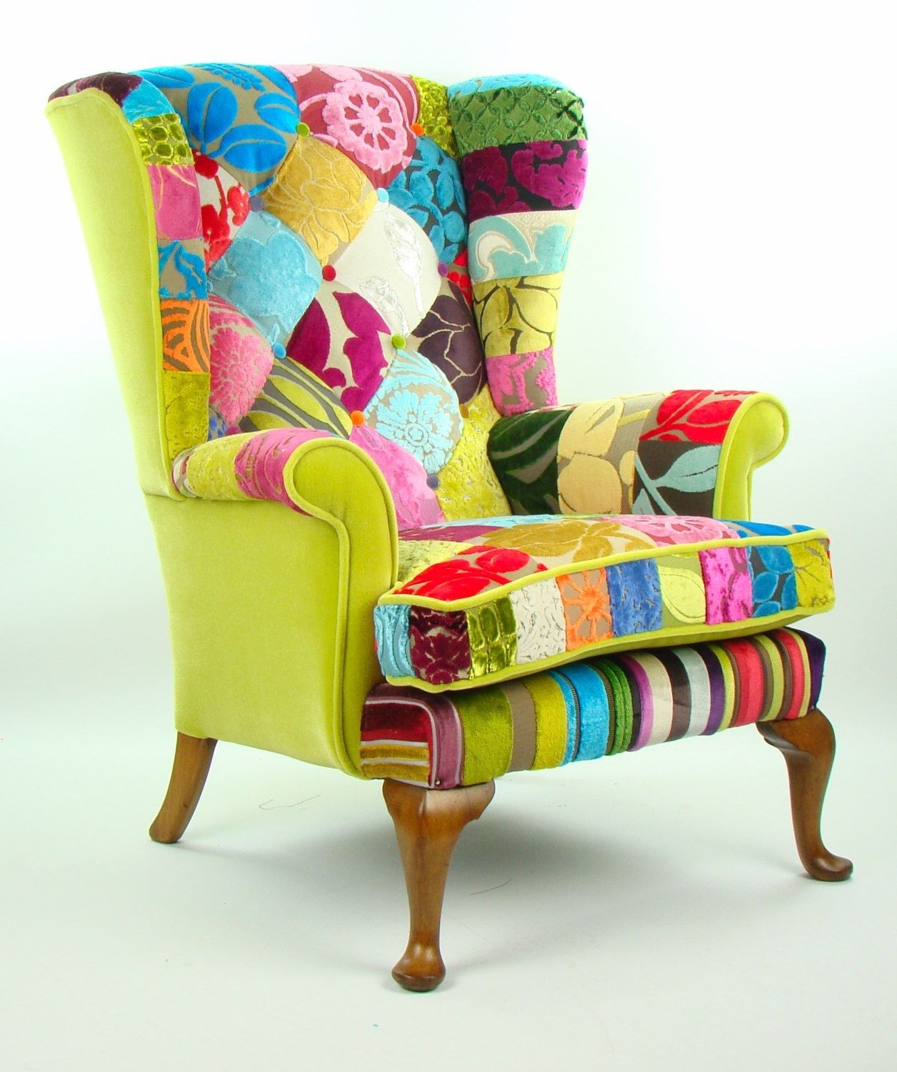 green blue and purple beige Versa Pink Patchwork wingchair upholstered chair with armrests Buttons Cotton pink 