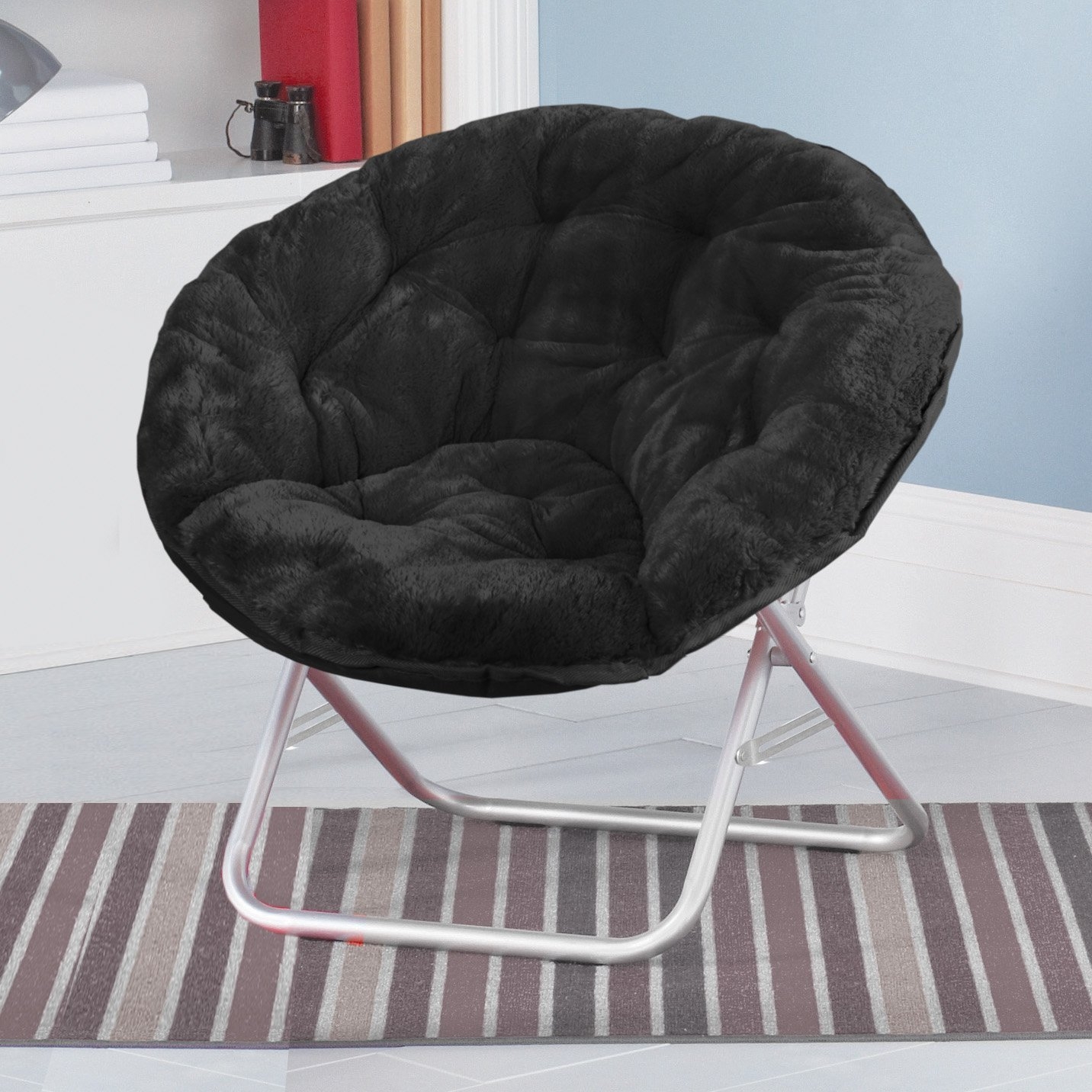Black Faux Fur Saucer Chair Features Sturdy, Aluminum Construction & Soft Faux Fur Upholstery. Folds Up Easily To Store. Lounge, Study, Read, Watch TV On This Convenient, Space-Saving, Folding Chair - The Perfect, Stylish, Convenient Addition To Your Home
