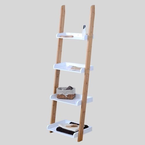 4 Tier Bathroom Rack Ladder Shelf Tower MDF / Bamboo Frame/ White
