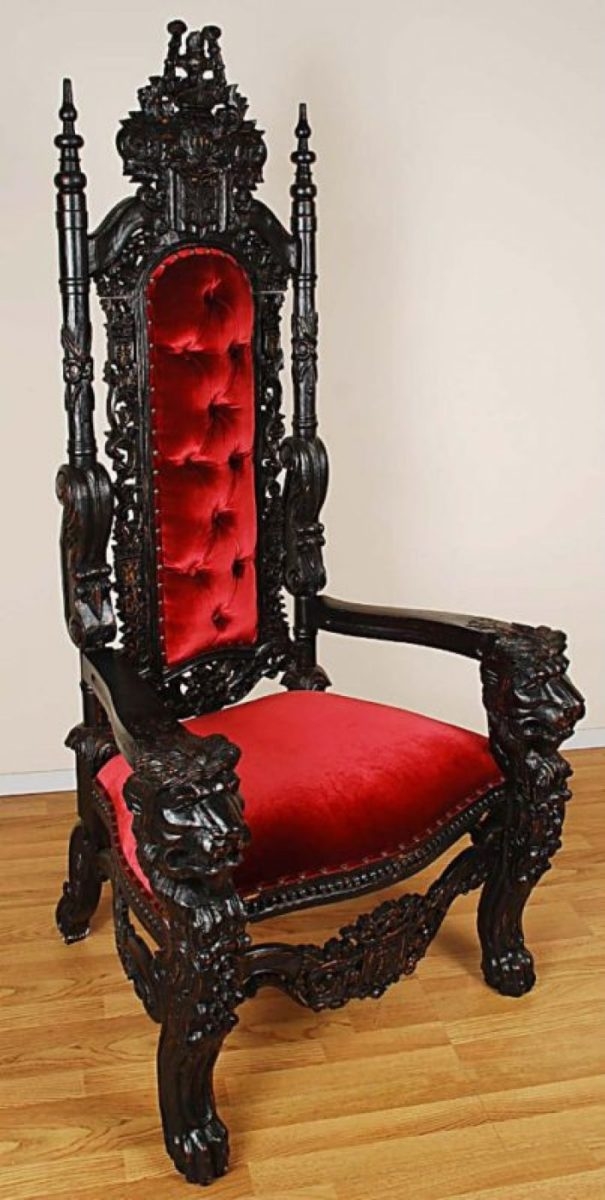 Carved Mahogany Lion Head Gothic Throne Chair King Black Finish W Red Velvet