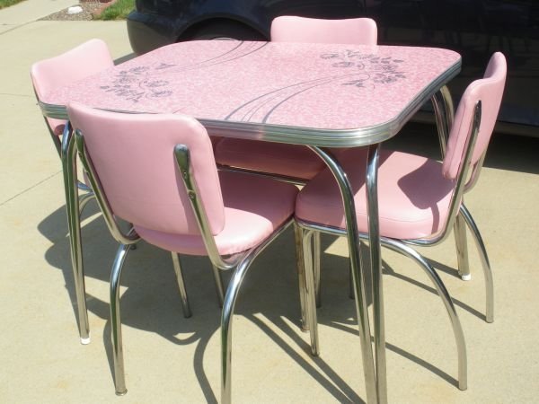 gray and red formica chrome trimmed kitchen table and chair