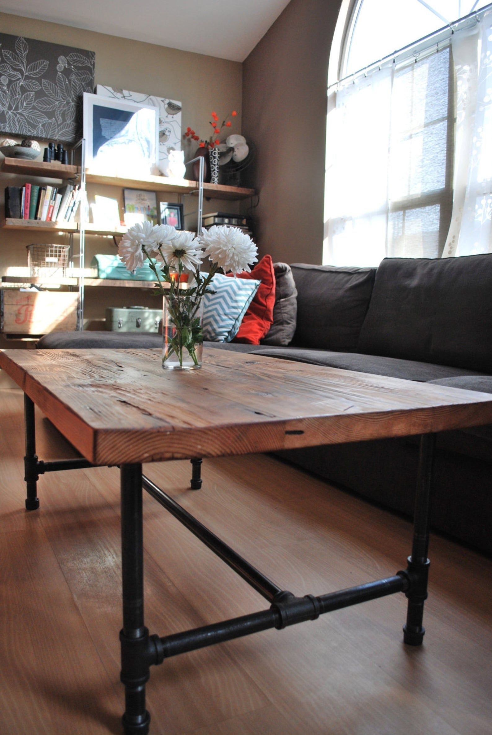 Wood Coffee Table With Steel Pipe Legs