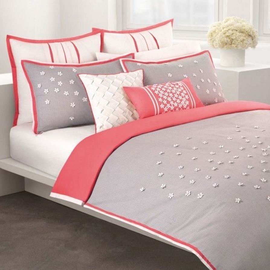Coral and gray bedding