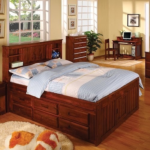 Discovery World Furniture Merlot Bookcase Captains Bed Full with 5 Drawer Chest With 6 Drawer Storage (6 on ONE side)