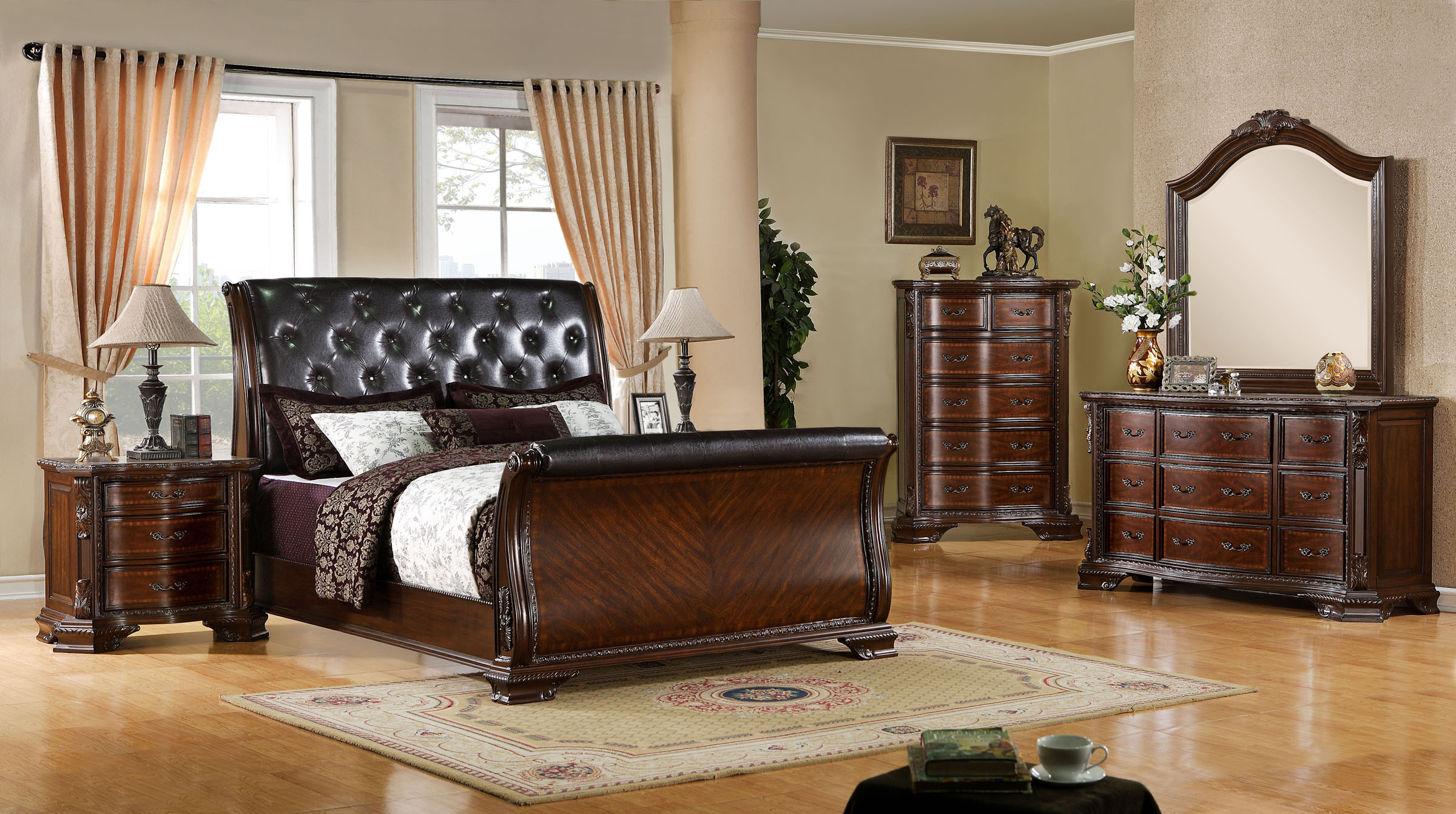 Enitial Lab Luxury Brown Cherry Leatherette Baroque Style Sleigh Bed With Nightstand Bedroom Set