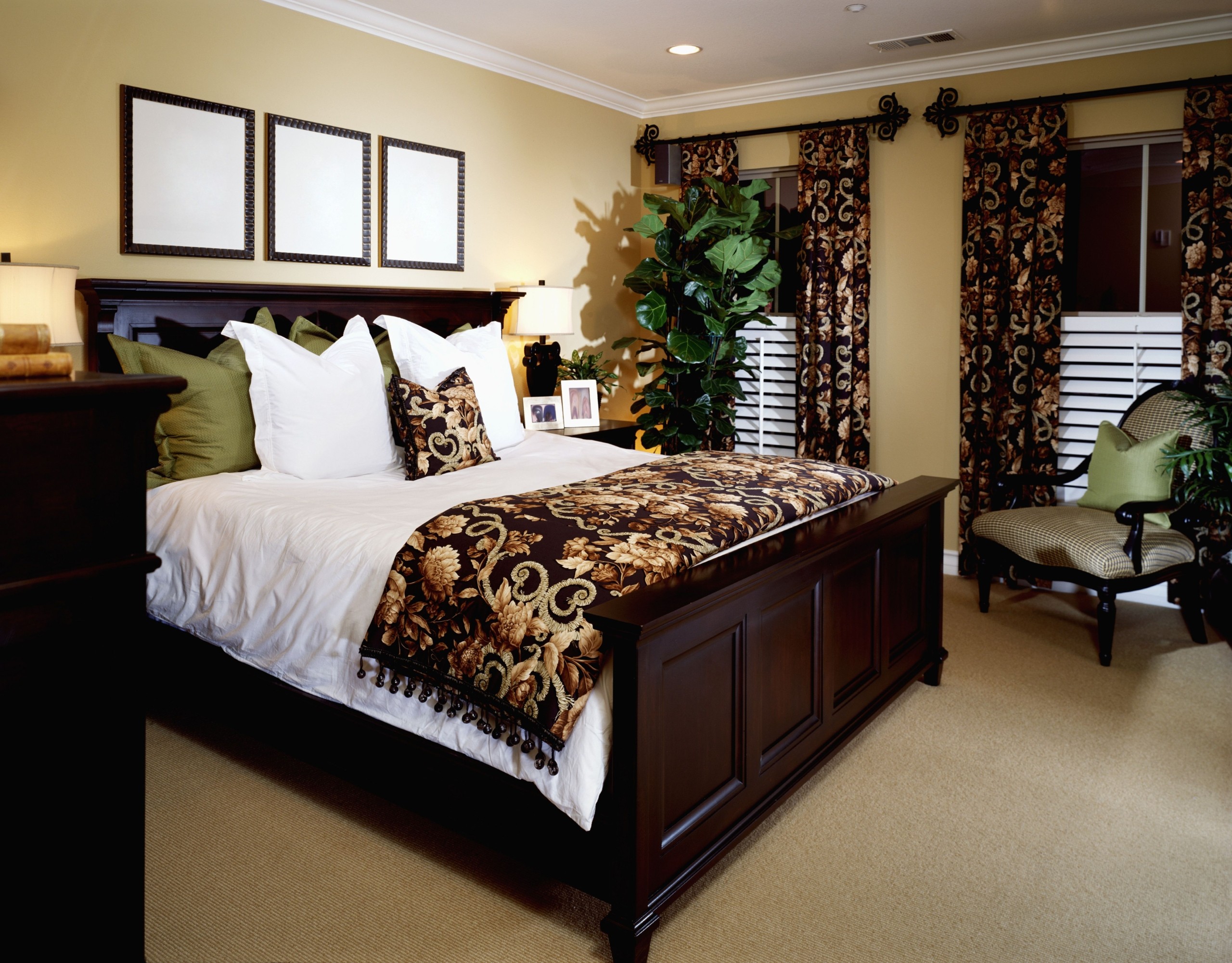 Brown bedroom furniture with gray walls