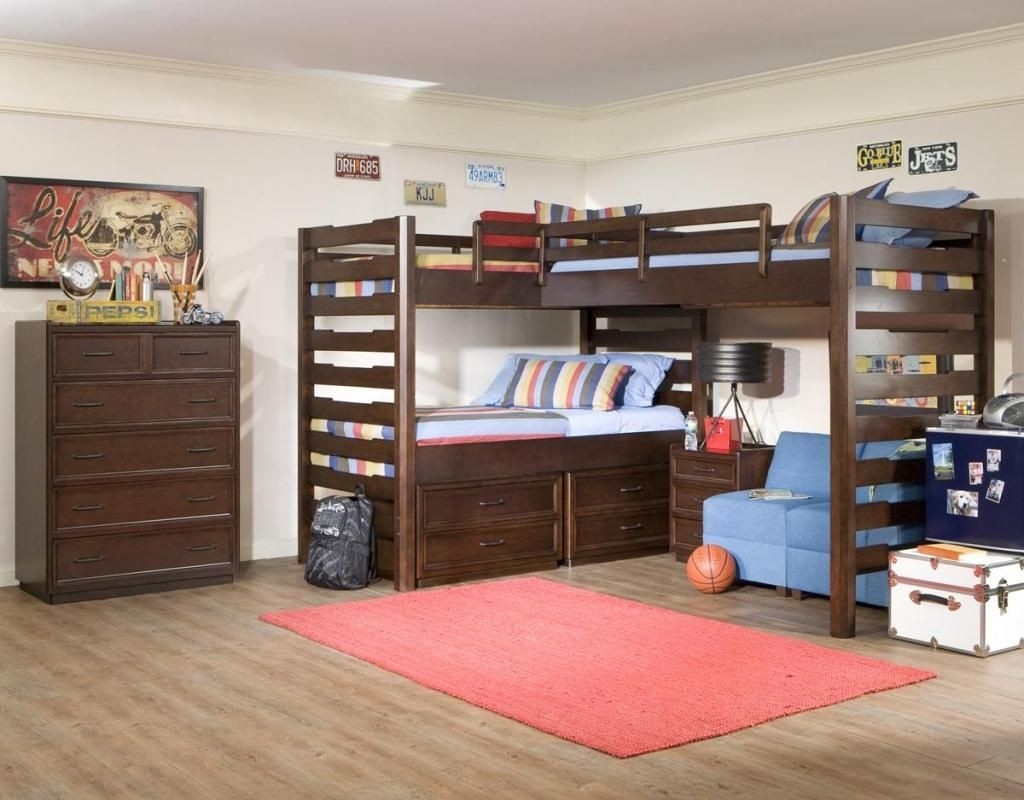 Legacy Classic Furniture Solutions L Shaped Loft Bed With Lower Twin And Storage In Distressed Brown Cherry