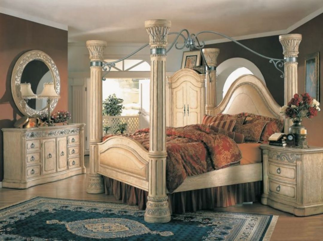 Margaret King Poster Canopy Bed 5 Piece Bedroom Set Antique White W Marble Tops