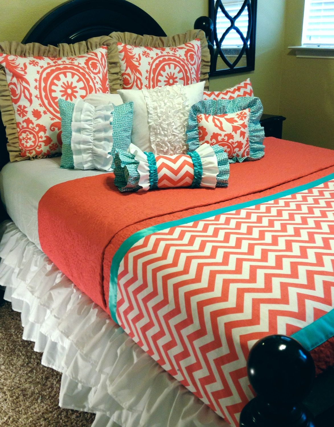 Mint green and coral bedding