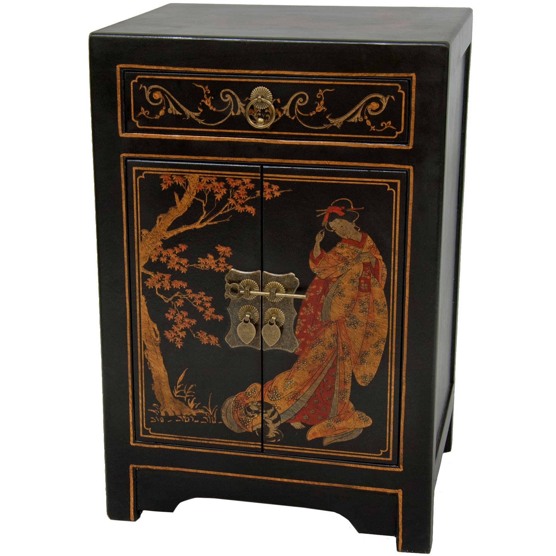 Oriental Furniture Classic Asian Nightstand, 23-Inch Ming Black Lacquer End Table Cabinet