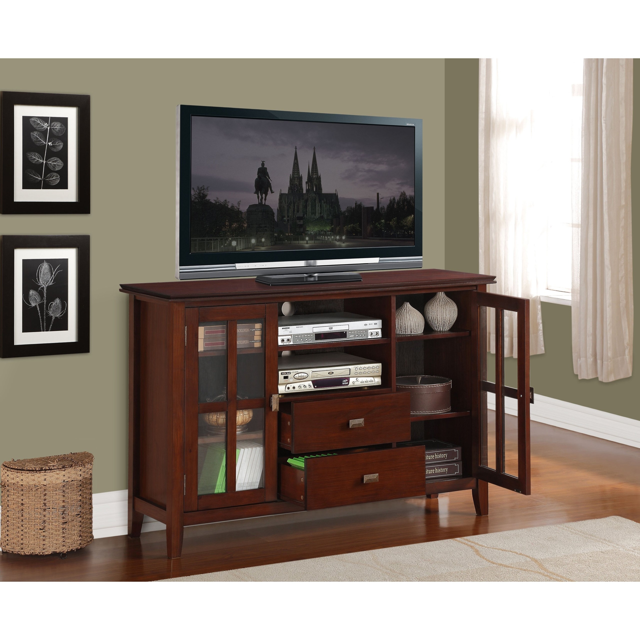 Simpli Home AXCHOL005 Artisan Collection 54-Inch Width by 36-Inch Height Tv Stand, Medium Auburn Brown, 1-Pack