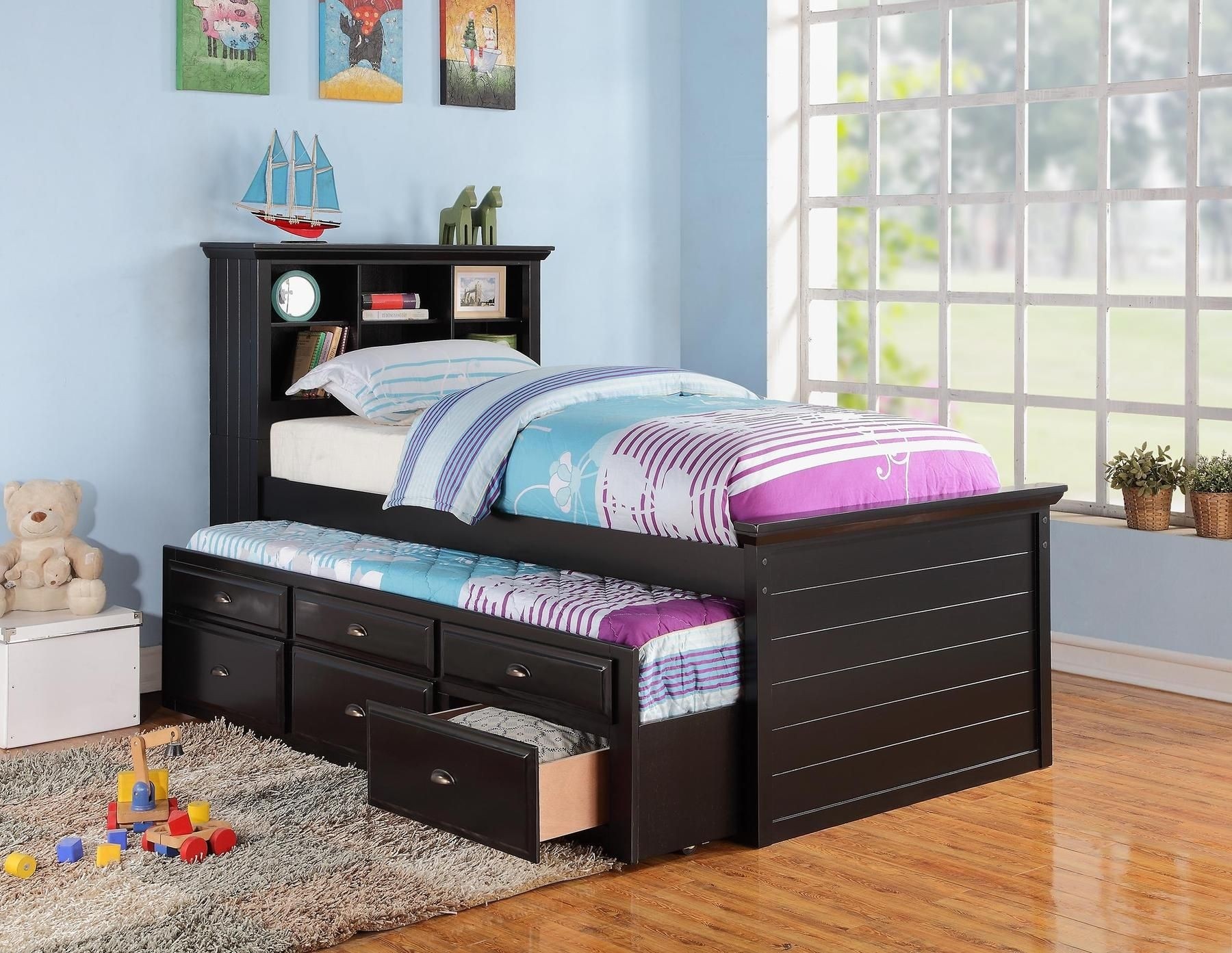 BLACK CAPTAIN TWIN BOOKCASE BED W/TRUNDLE BED AND 3 DRAWERS STORAGE