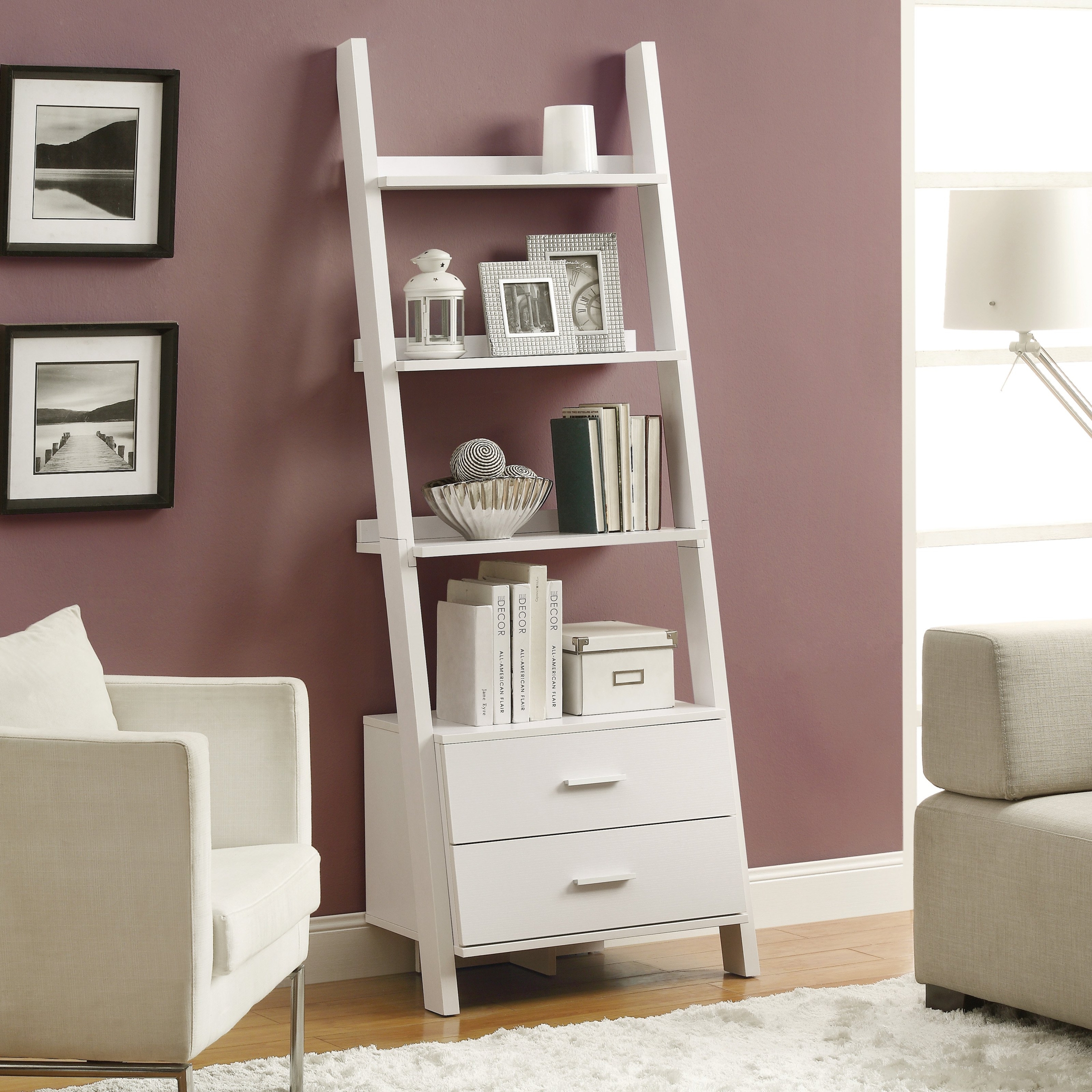 Monarch Bookcase Ladder with 2-Storage Drawers, 69-Inch, White