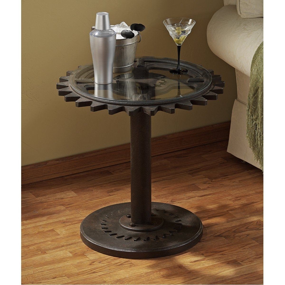 Vintage Industrial Style Factory Gears Side Table Decorative Art Glass Top