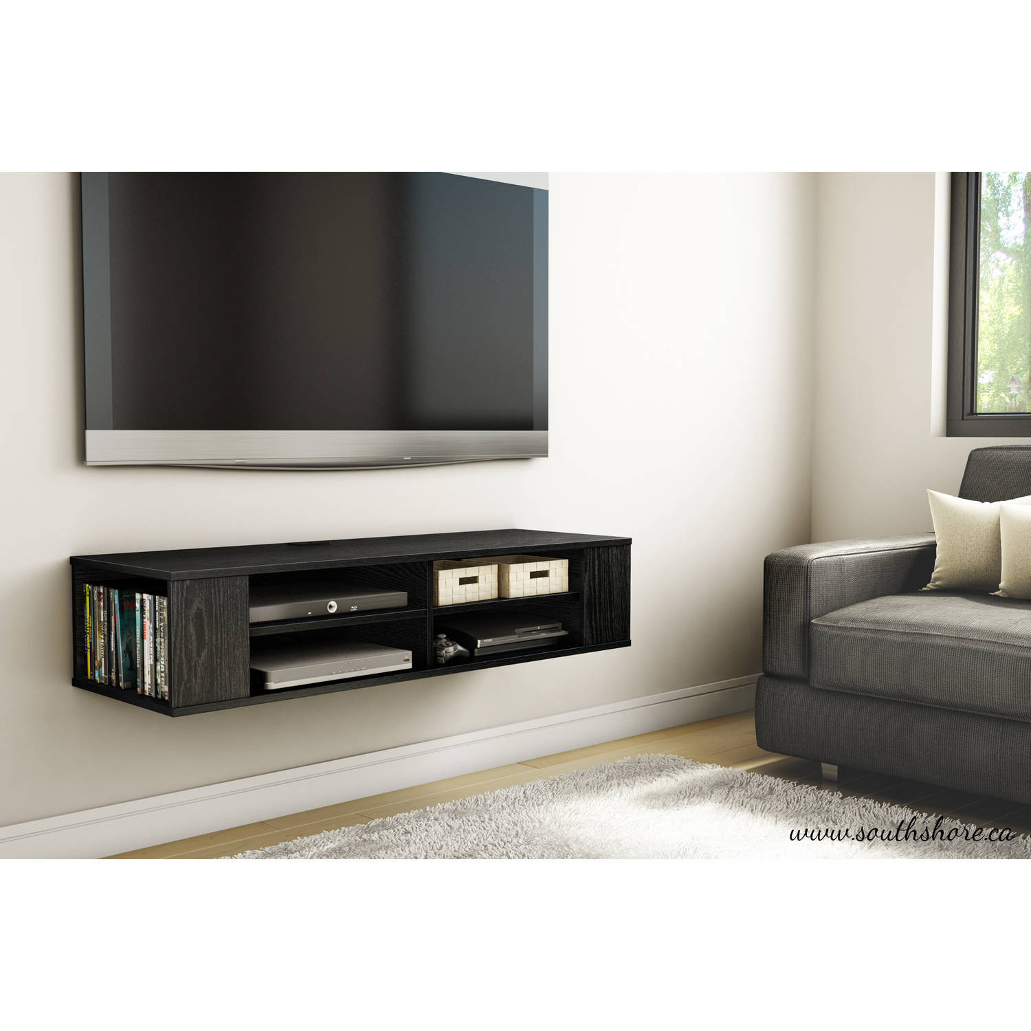 Wall Mounted Media Console Black Tv Stand Entertainment Center Floating Cabinet