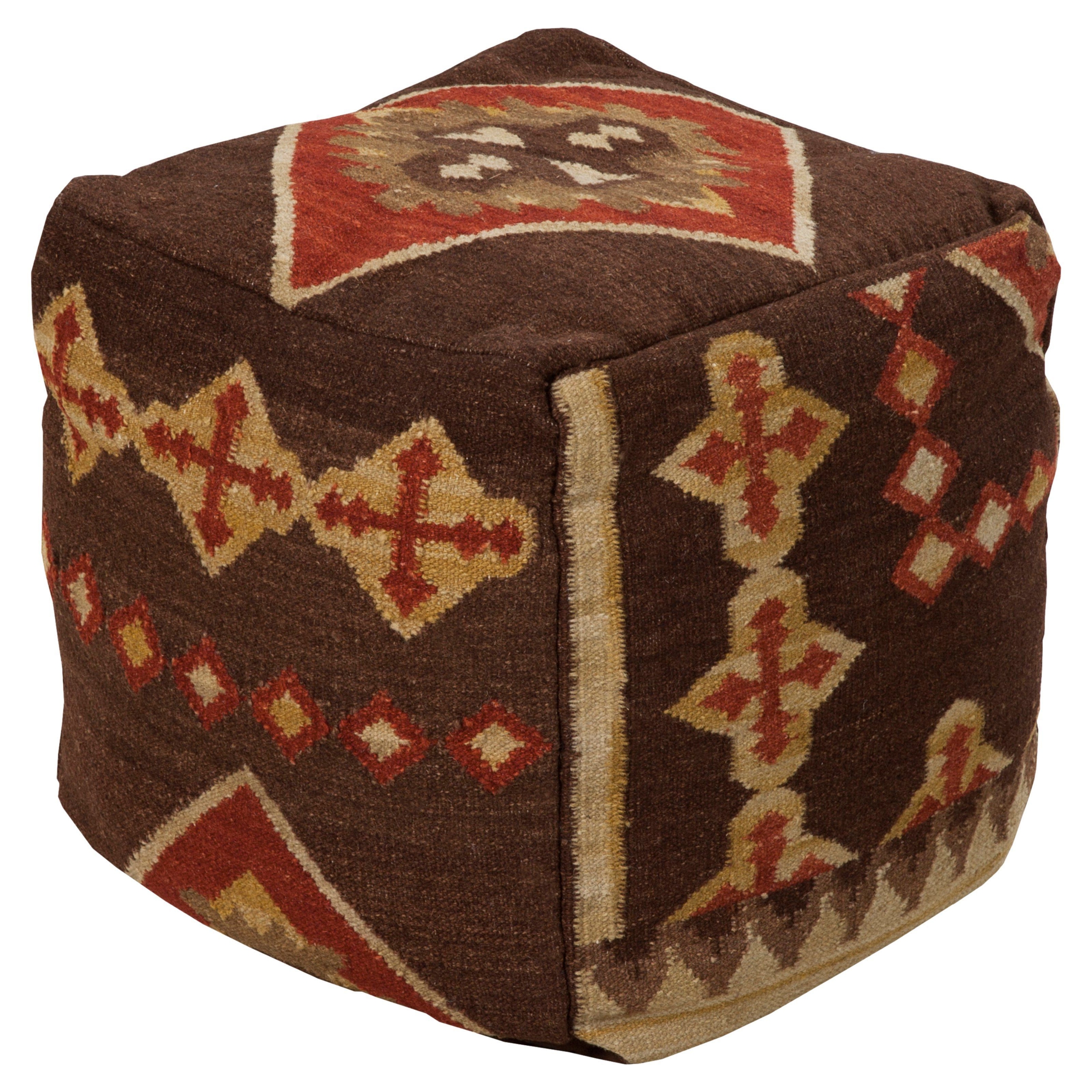 18" Chocolate Brown and Cinnamon Red Southwestern Wool Square Pouf Ottoman