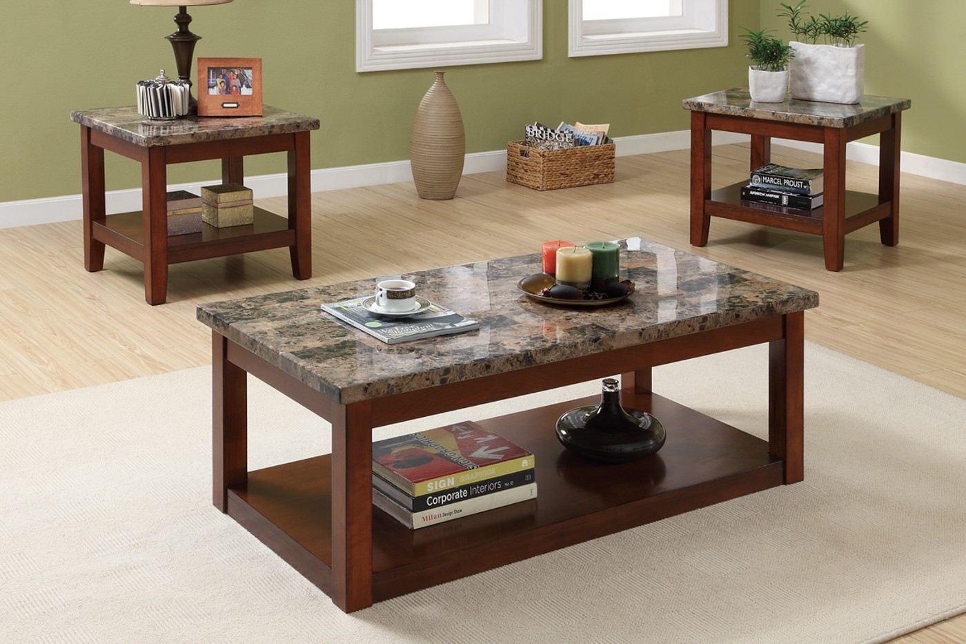 3pc Coffee Table and End Tables Set with Marble Top
