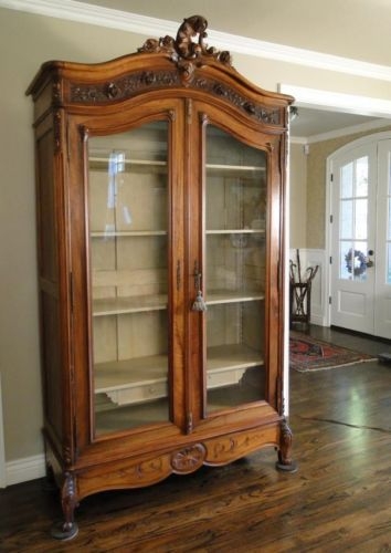 Antique french country bookcase cabinet china display carved dark oak