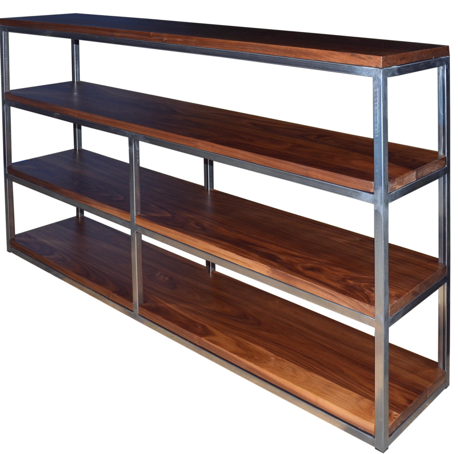 Floating walnut and raw steel bookcase
