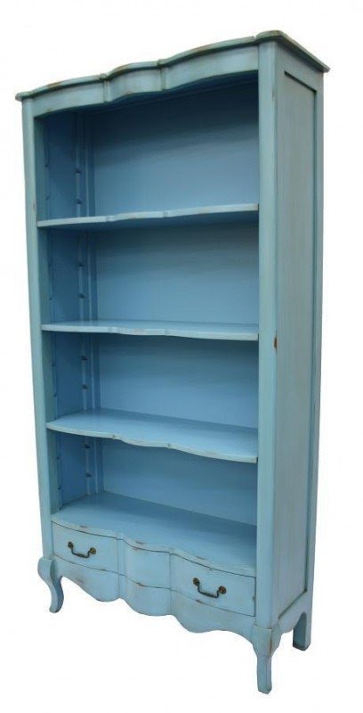 French rustic designer painted furniture country bookcase blue dining room