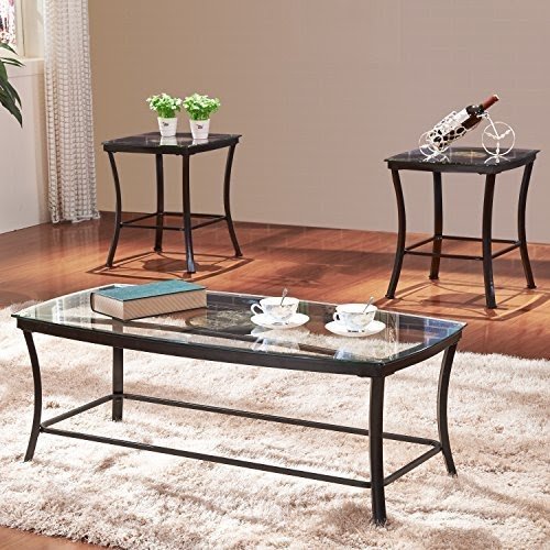 Joveco 3-pieces Coffee Table and End Table Set - (1) Black Curved Metal Frame and Tempered Glass Table Top Coffee Table with Circular Center Design and (2) Black Curved Metal Frame and Tempered Glass Table Top End Table with Circular Center Design