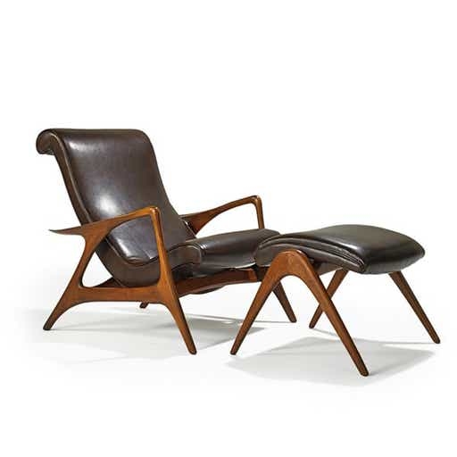 Vladimir kagan walnut and leather adjustable lounge chair with ottoman
