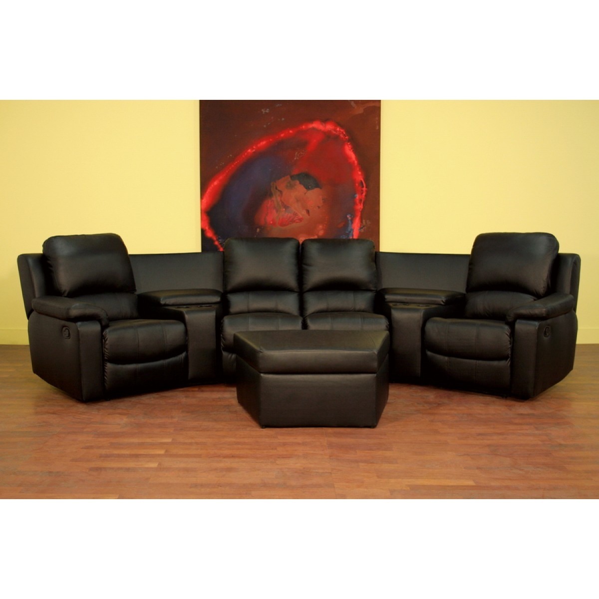 Black Leather 7 Piece Recliner Sectional Seating W Ottoman