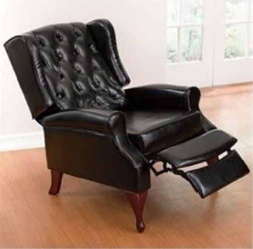 Black Leather Chair Recliner Wing Office Tufted Nailed Arm Accent Wingback Back