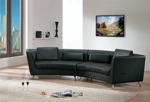 Contemporary Furniture Black Leather Long Curved Sofa