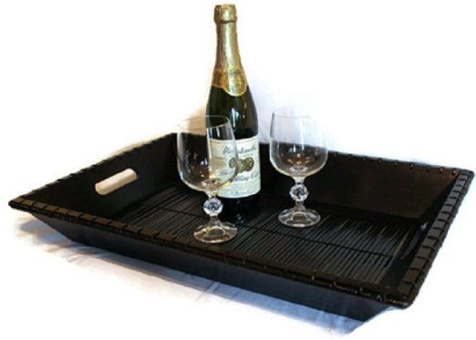 Madison Collection Elegant Large Rattan Serving Tray with Bamboo Wood Handles, Black