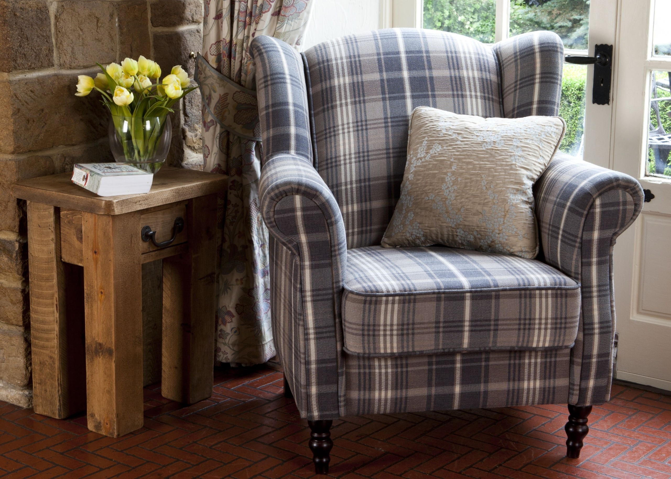 Nathan wing armchair in blue tartan available now in store