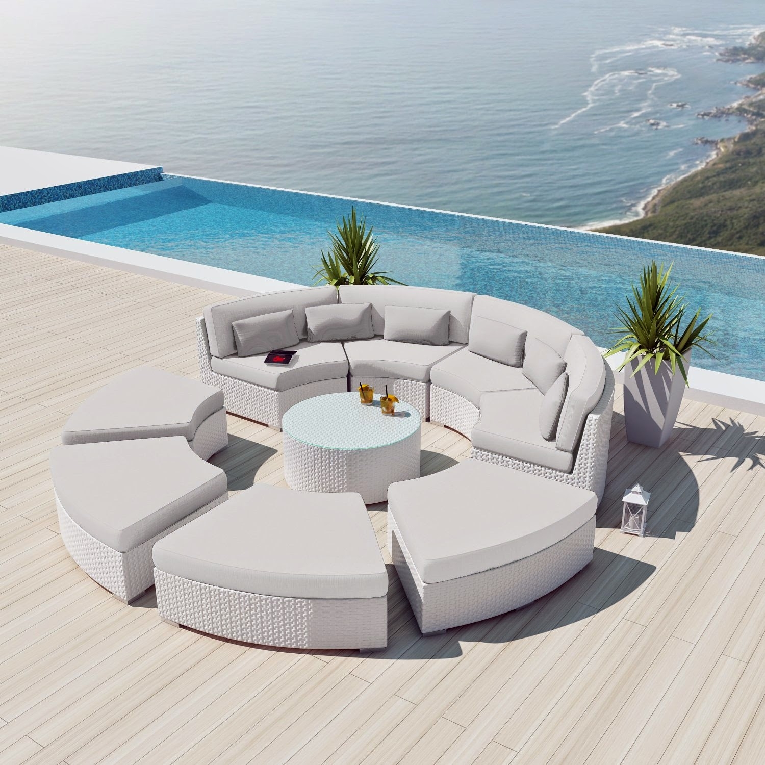 NEW Uduka Modavi 9pcs Outdoor Round Sectional Patio Furniture White Wicker Sofa Set Off White All Weather Couch