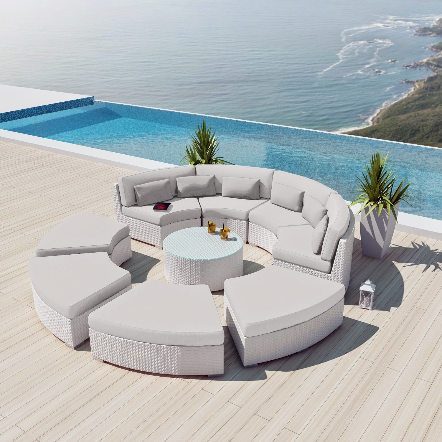 New Uduka Modavi 9pcs Outdoor Round Sectional Patio Furniture White Wicker Sofa Set Off White All Weather Couch 