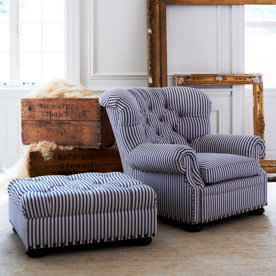 Blue White Carved Slope Stripe Accent Chair