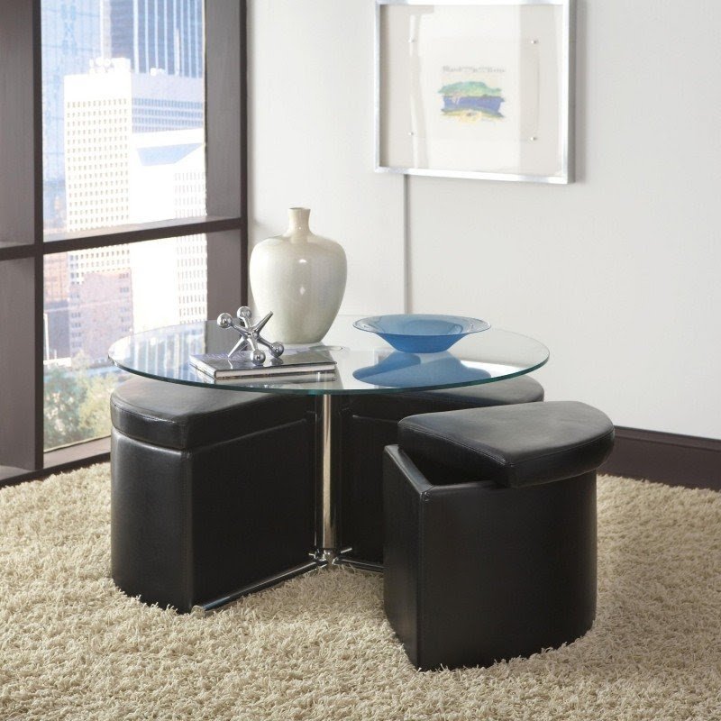 Standard Furniture Cosmo Round Glass Table with 4-Black Ottomans