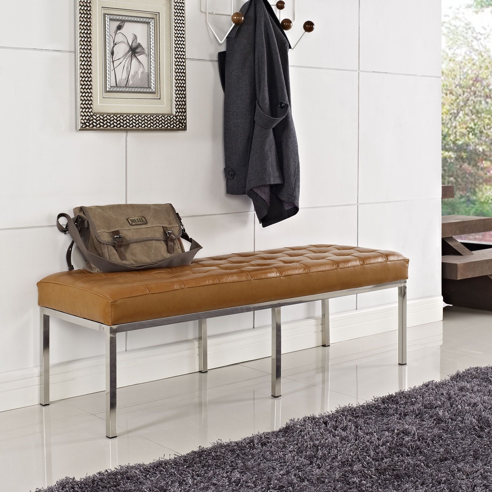 Tan Tufted Leather Loft Bench