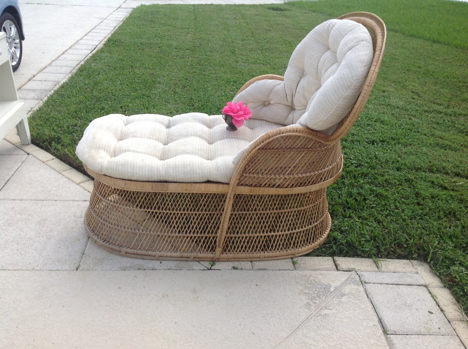 Vintage buri wicker rattan chaise lounge